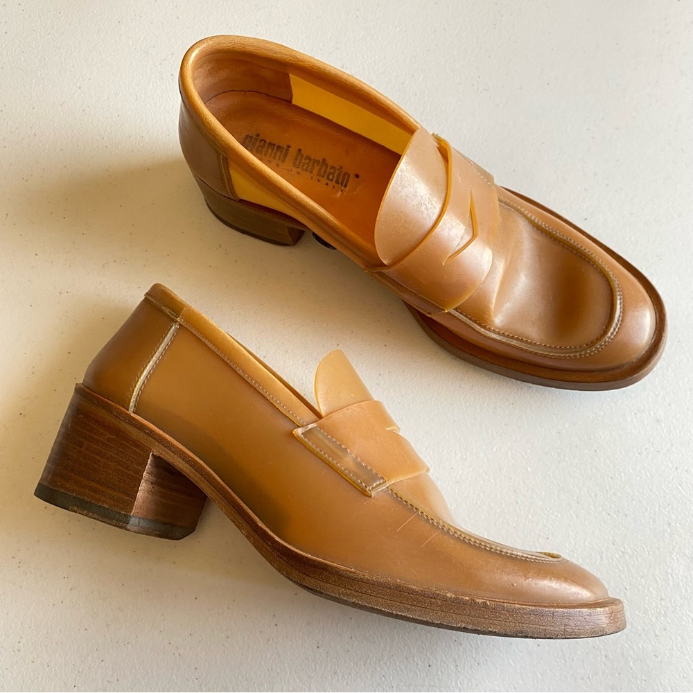 Gianni Barbato Size 37.5 Tan Clear Leather Combo Slip-on Block Heel Loafer